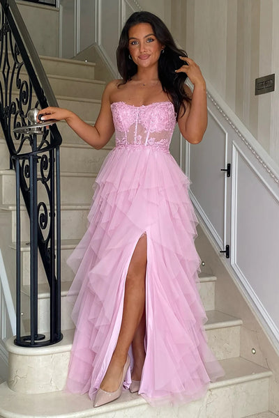 A Line Strapless Ruffle Pink/Black Lace Long Prom Dress, High Slit Pink/Black Lace Formal Graduation Evening Dress A2262