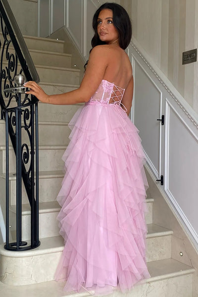 A Line Strapless Ruffle Pink/Black Lace Long Prom Dress, High Slit Pink/Black Lace Formal Graduation Evening Dress A2262