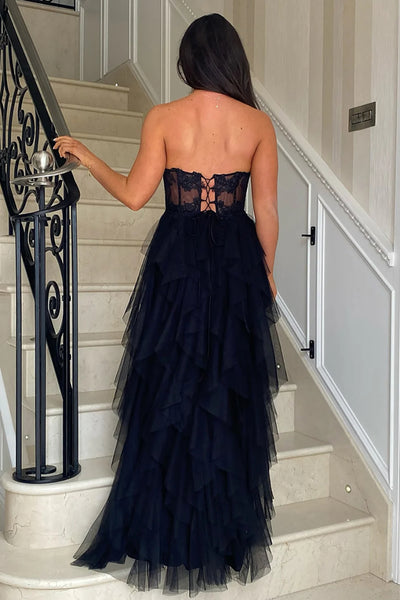 A Line Strapless Ruffle Pink/Black Lace Long Prom Dress, High Slit Pink/Black Lace Formal Graduation Evening Dress A2262