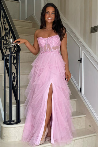 A Line Strapless Ruffle Pink/Black Lace Long Prom Dress, High Slit Pink/Black Lace Formal Graduation Evening Dress A2262