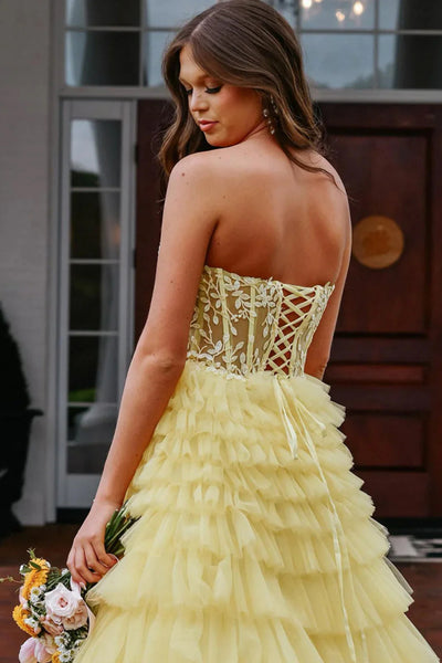 A Line Strapless Ruffle Yellow Lace Long Prom Dress, Long Yellow Lace Formal Graduation Evening Dress A2279