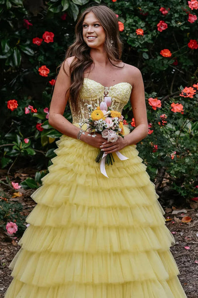 A Line Strapless Ruffle Yellow Lace Long Prom Dress, Long Yellow Lace Formal Graduation Evening Dress A2279