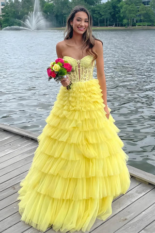 A Line Strapless Ruffle Yellow Lace Long Prom Dress, Long Yellow Lace Formal Graduation Evening Dress A2279