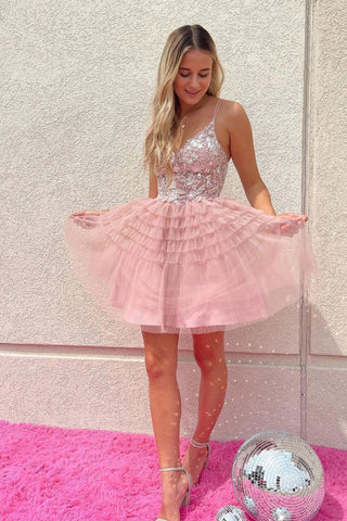 A Line V Neck Backless Pink Lace Short Prom Dress, Pink Lace Homecoming Dress, Pink Tulle Formal Graduation Evening Dress A2196