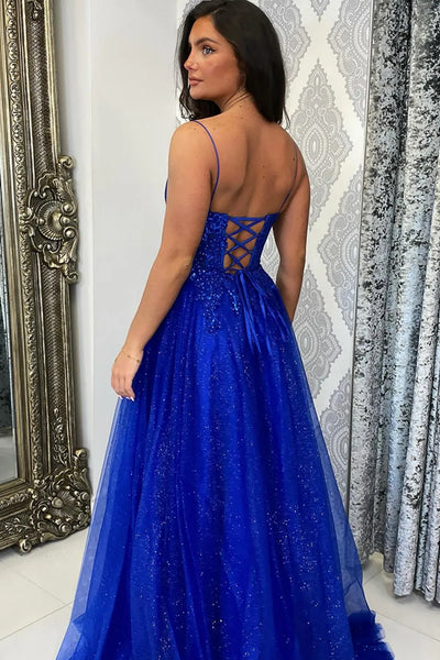 A Line V Neck Backless Royal Blue Lace Long Prom Dress with Leg Slit, Shiny Blue Lace Formal Graduation Evening Dress A2241