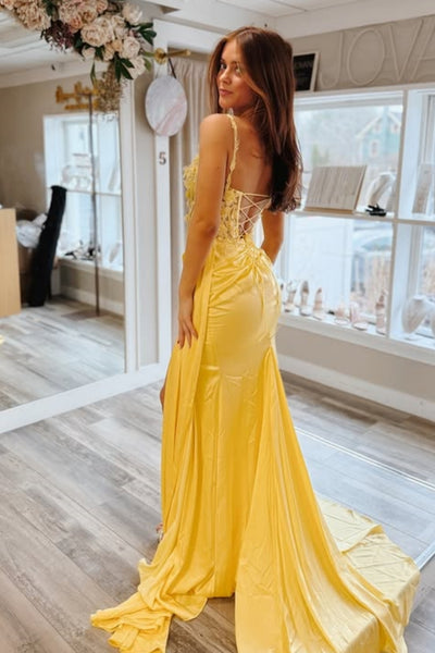 A Line V Neck Backless Yellow Lace Long Prom Dress with High Slit, Yellow Lace Formal Graduation Evening Dress