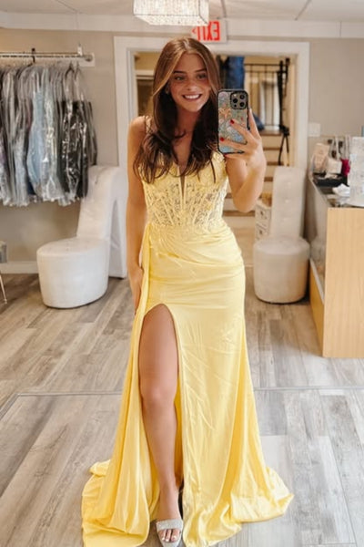 A Line V Neck Backless Yellow Lace Long Prom Dress with High Slit, Yellow Lace Formal Graduation Evening Dress