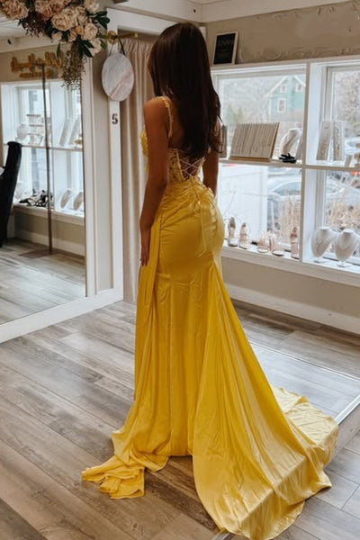 A Line V Neck Backless Yellow Lace Long Prom Dress with High Slit, Yellow Lace Formal Graduation Evening Dress