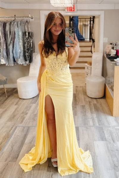 A Line V Neck Backless Yellow Lace Long Prom Dress with High Slit, Yellow Lace Formal Graduation Evening Dress