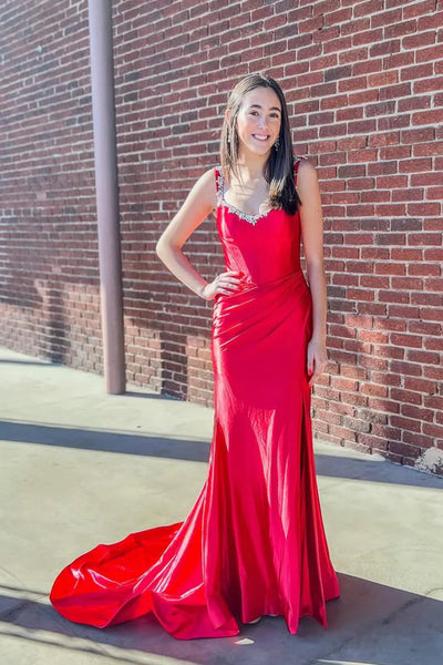 A Line V Neck Beaded Red Satin Long Prom Dress with Train, Long Red Formal Graduation Evening Dress