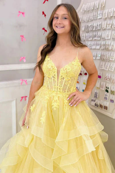 A Line V Neck Fluffy Yellow Lace Long Prom Dress, Yellow Lace Formal Dress, Yellow Evening Dress