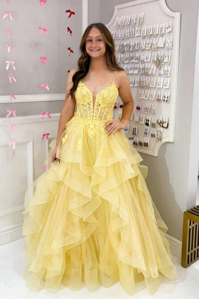 A Line V Neck Fluffy Yellow Lace Long Prom Dress, Yellow Lace Formal Dress, Yellow Evening Dress