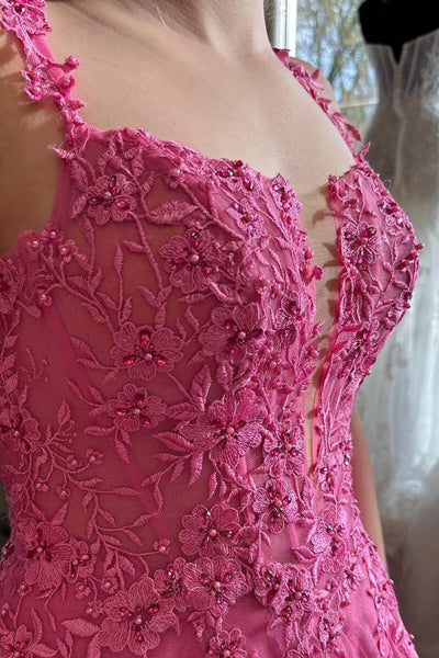 A Line V Neck Hot Pink Lace Long Prom Dress, Hot Pink Lace Floral Formal Graduation Evening Dress A2266