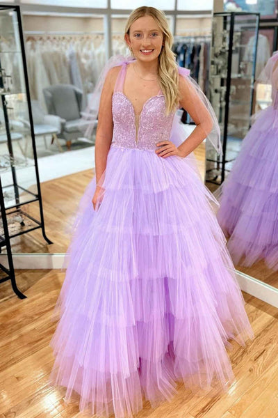 A Line V Neck Layered Lavender Lace Long Prom Dress, Lavender Lace Formal Dress, Lilac Evening Dress A2166