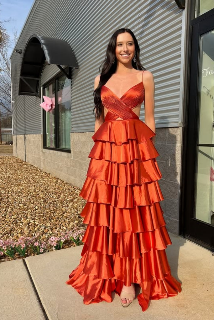 A Line V Neck Layered Orange Satin Long Prom Dress, Long Orange Formal Graduation Evening Dress