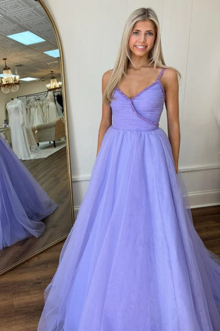 A Line V Neck Open Back Beaded Surplice Lavender Long Prom Dress, Lavender Tulle Formal Graduation Evening Dress A2170