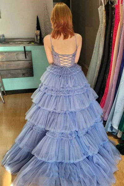 A Line V Neck Open Back Blue Lace Long Prom Dress, Blue Lace Formal Graduation Evening Dress A2280