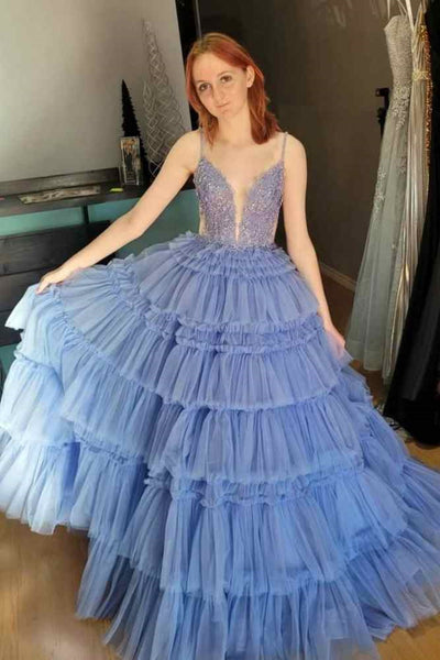 A Line V Neck Open Back Blue Lace Long Prom Dress, Blue Lace Formal Graduation Evening Dress A2280