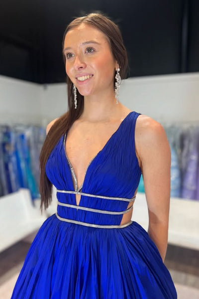 A Line V Neck Open Back Blue Long Prom Dress with Belt, Long Blue Formal Graduation Evening Dress