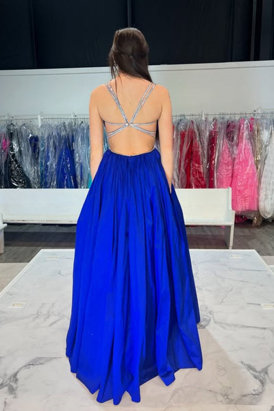 A Line V Neck Open Back Blue Long Prom Dress with Belt, Long Blue Formal Graduation Evening Dress