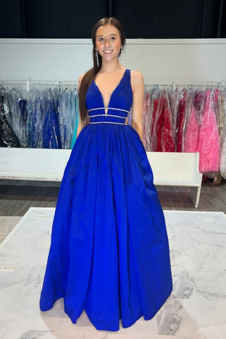 A Line V Neck Open Back Blue Long Prom Dress with Belt, Long Blue Formal Graduation Evening Dress