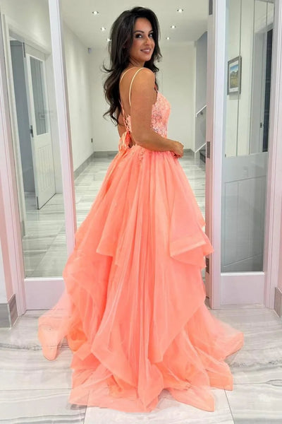 A Line V Neck Open Back Coral Lace Long Prom Dress, Fluffy Coral Lace Formal Graduation Evening Dress A2270