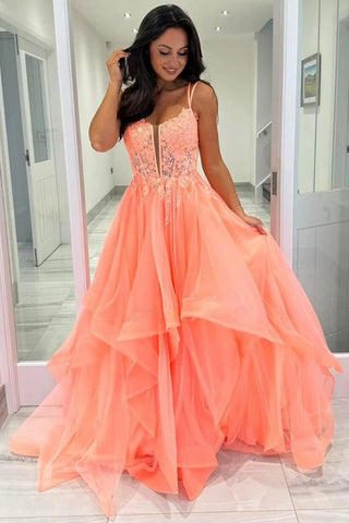 A Line V Neck Open Back Coral Lace Long Prom Dress, Fluffy Coral Lace Formal Graduation Evening Dress A2270