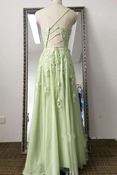 A Line V Neck Open Back Green Lace Long Prom Dress, Green Lace Formal Dress, Green Evening Dress with Appliques A2231