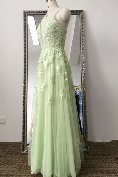 A Line V Neck Open Back Green Lace Long Prom Dress, Green Lace Formal Dress, Green Evening Dress with Appliques A2231