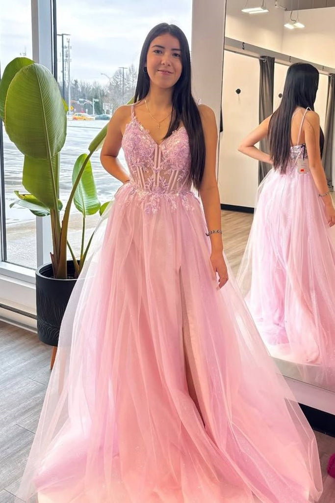 A Line V Neck Open Back High Slit Pink Lace Long Prom Dress, Pink Lace Formal Graduation Evening Dress A2276