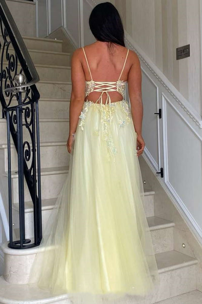 A Line V Neck Open Back High Slit Yellow Lace Long Prom Dress, Yellow Lace Formal Graduation Evening Dress A2283