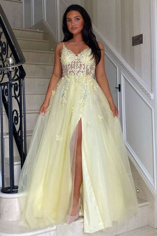 A Line V Neck Open Back High Slit Yellow Lace Long Prom Dress, Yellow Lace Formal Graduation Evening Dress A2283