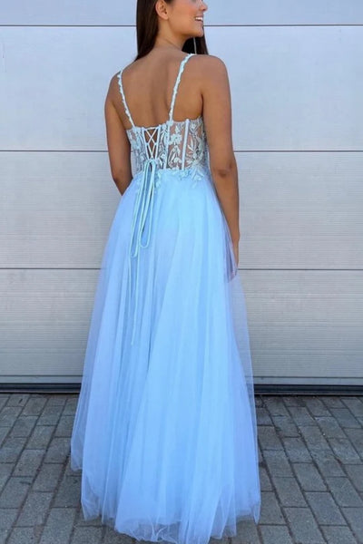 A Line V Neck Open Back Light Blue Lace Long Prom Dress with High Slit, Light Blue Lace Formal Dress, Blue Evening Dress