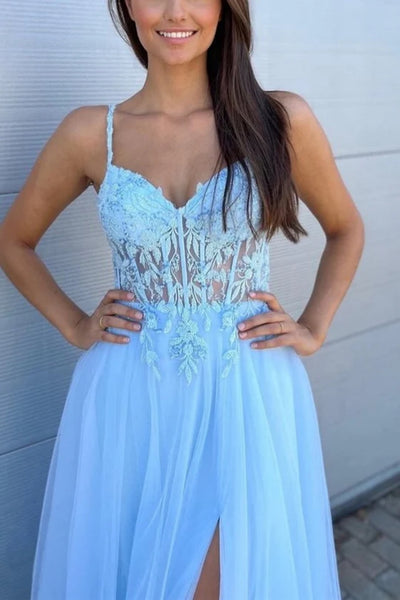 A Line V Neck Open Back Light Blue Lace Long Prom Dress with High Slit, Light Blue Lace Formal Dress, Blue Evening Dress