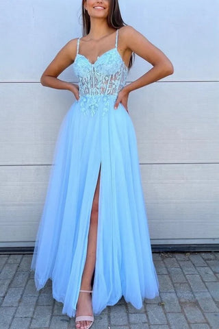 A Line V Neck Open Back Light Blue Lace Long Prom Dress with High Slit, Light Blue Lace Formal Dress, Blue Evening Dress