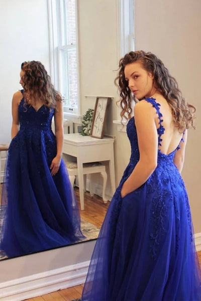 A Line V Neck Open Back Pink/Blue Lace Long Prom Dress, Pink/Blue Lace Formal Graduation Evening Dress A2235