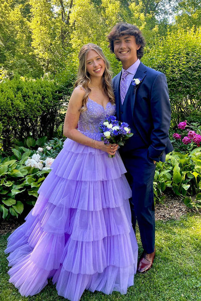 A Line V Neck Ruffle Lilac Lace Long Prom Dress, Lilac Lace Formal Graduation Evening Dress, Ball Gown A2278