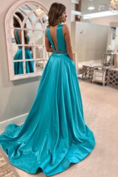 A Line V Neck Teal Satin Long Prom Dress with Belt, Teal Formal Graduation Evening Dress