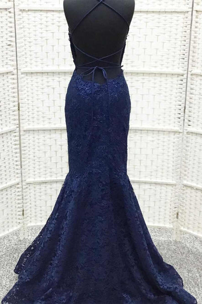 Backless Mermaid Navy Blue Lace Long Prom Dress, Navy Blue Lace Formal Dress, Mermaid Navy Blue Evening Dress A2249