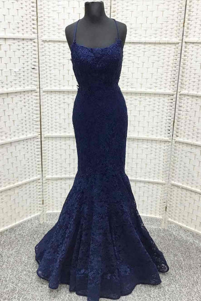 Backless Mermaid Navy Blue Lace Long Prom Dress, Navy Blue Lace Formal Dress, Mermaid Navy Blue Evening Dress A2249