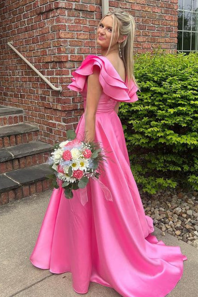 Cap Sleeves Hot Pink Satin Long Prom Dress with High Slit, Long Pink Formal Graduation Evening Dress WT1909