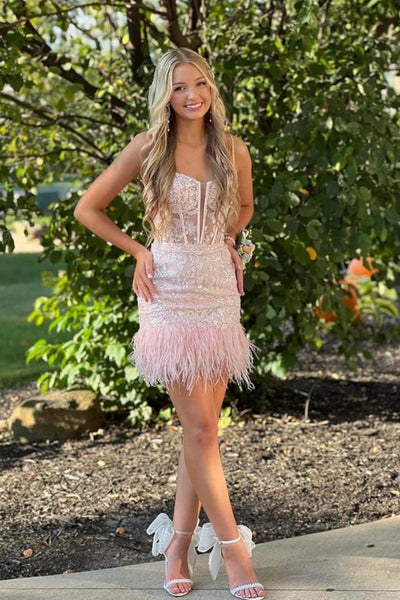 Cute V Neck Pink Lace Prom Dress with Feather, Short Pink Lace Homecoming Dress, Pink Formal Evening Dress A2165