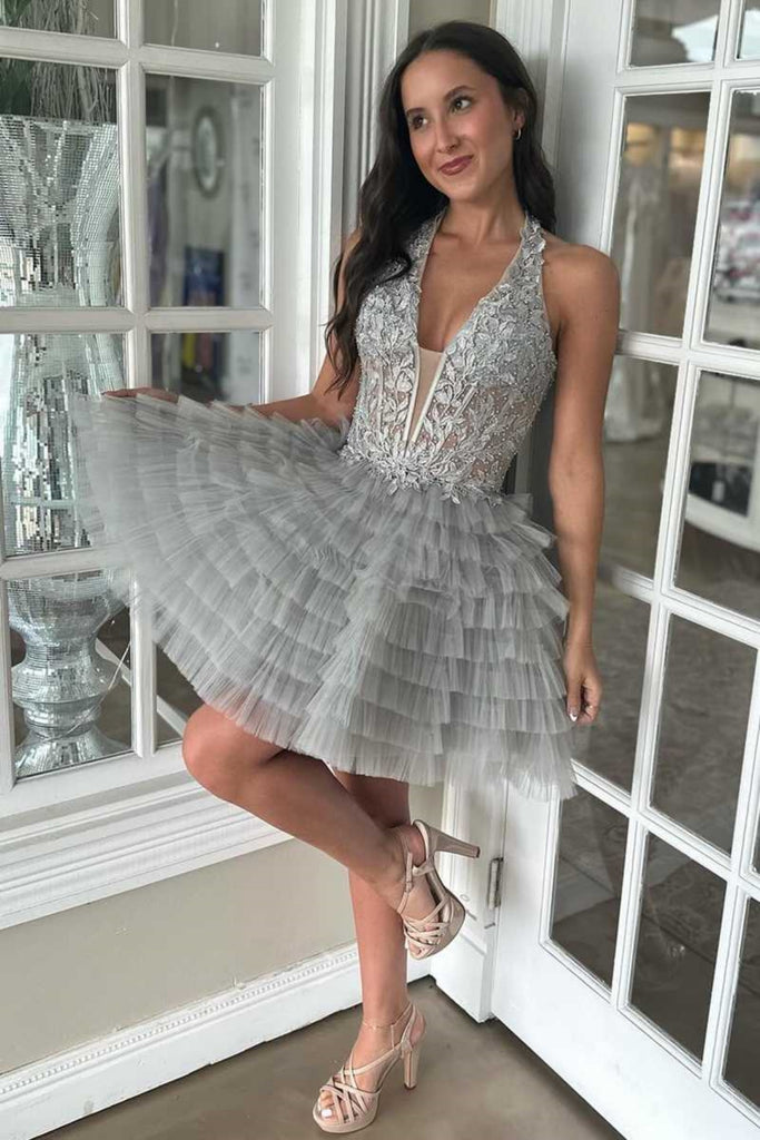 Cute V Neck Ruffle Grey Lace Prom Dress Gray Lace Homecoming Dress S abcprom