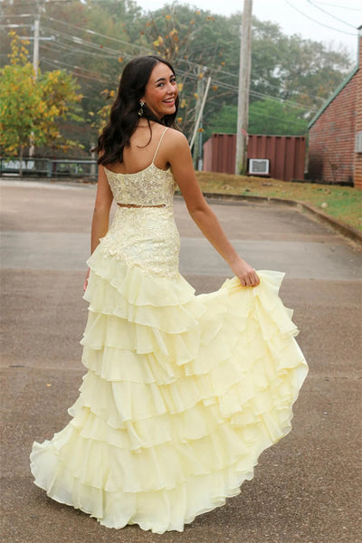 Elegant Layered Yellow Lace Long Prom Dress with Side Slit, Yellow Lace Formal Graduation Evening Dress A2256