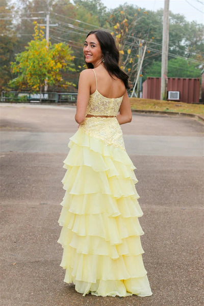 Elegant Layered Yellow Lace Long Prom Dress with Side Slit, Yellow Lace Formal Graduation Evening Dress A2256