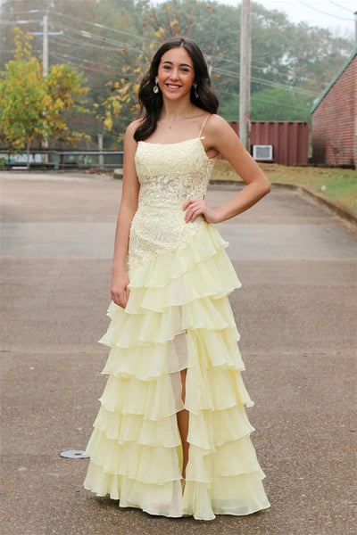 Elegant Layered Yellow Lace Long Prom Dress with Side Slit, Yellow Lace Formal Graduation Evening Dress A2256