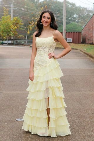 Elegant Layered Yellow Lace Long Prom Dress with Side Slit, Yellow Lace Formal Graduation Evening Dress A2256