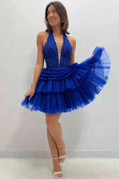 Halter V Neck Backless Blue Lace Prom Dress, Blue Lace Homecoming Dress, Short Blue Formal Graduation Evening Dress A2190