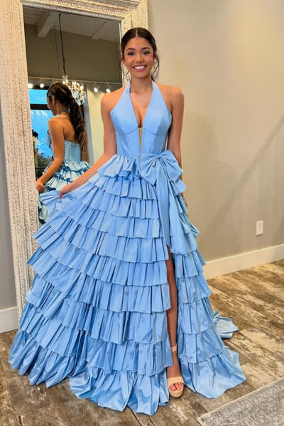 Halter V Neck Ruffle Blue Satin High Slit Long Prom Dress, V Neck Blue Formal Graduation Evening Dress