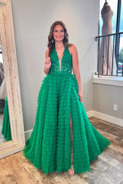 Halter V Neck Ruffle Green Lace Long Prom Dress with High Slit, Green Lace Formal Dress, Green Evening Dress